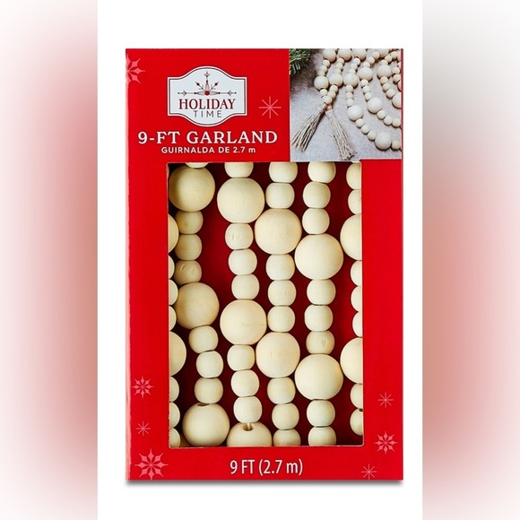 NWT Natural Brown Wooden Bead Christmas Garland with Tassel 9 feet Holiday Time - Picture 5 of 6